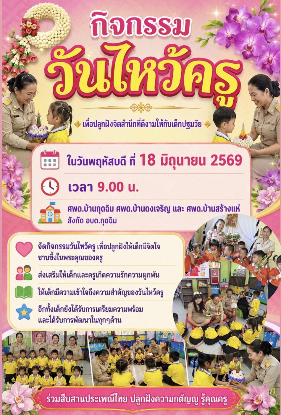 ในวันพฤหัสบดี ที่ 18 มิถุนายน 2569 เวลา 9.00 น. ศพด.บ้านกุดฉิม ศพด.บ้านดงเจริญ และ ศพด.บ้านสร้างแห่ สังกัด อบต.กุดฉิม ได้จัดกิจกรรมวันไหว้ครู เพื่อปลูกฝังให้เด็กมีจิตใจซาบซึ้งในพระคุณของครู ส่งเสริมให้เด็กและครูเกิดความรักความผูกพัน ให้เด็กมีความเข้าใจถึงความสำคัญของวันไหว้ครู อีกทั้งเด็กยังได้รับการเตรียมความพร้อมและได้รับการพัฒนาในทุกๆด้าน 